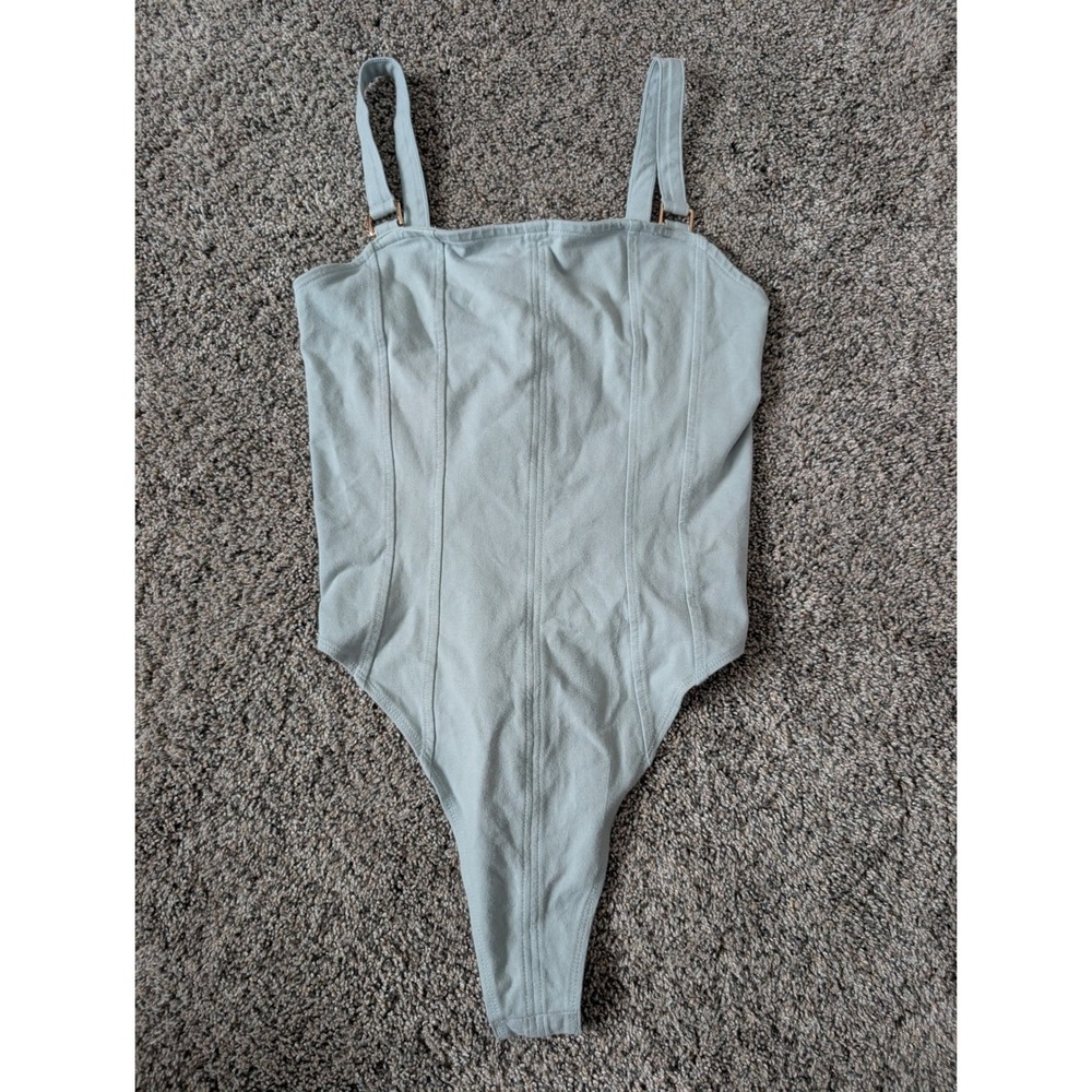 HM Sage Green‎ Corset Seamed Ribbed Bodysuit Gold Hardware Square Neck Small